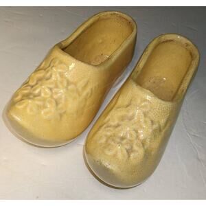 McCoy Mold Yellow Ceramic Clog Planters set 2 Dutch Shoes Cracked Glaze kitschy
